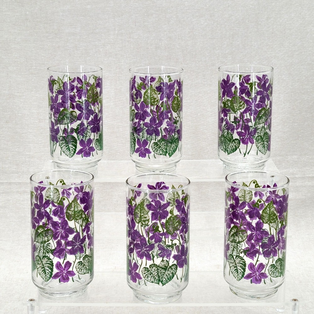 Vintage Libbey LRS88 Purple Violets 12 Oz Flat Tumblers Set of 6